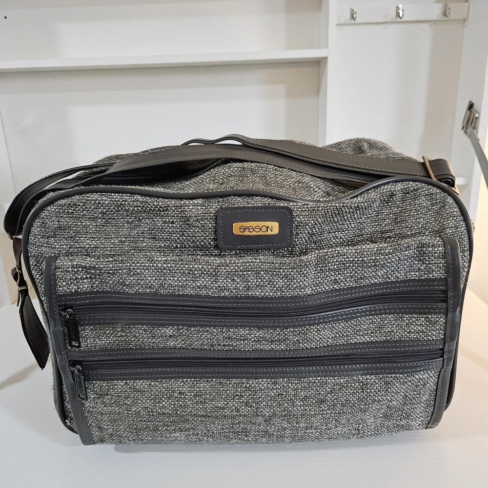 Vintage Sasson Tweed Shoulder Travel Bag Carry-On Duffle - Grey / Brown